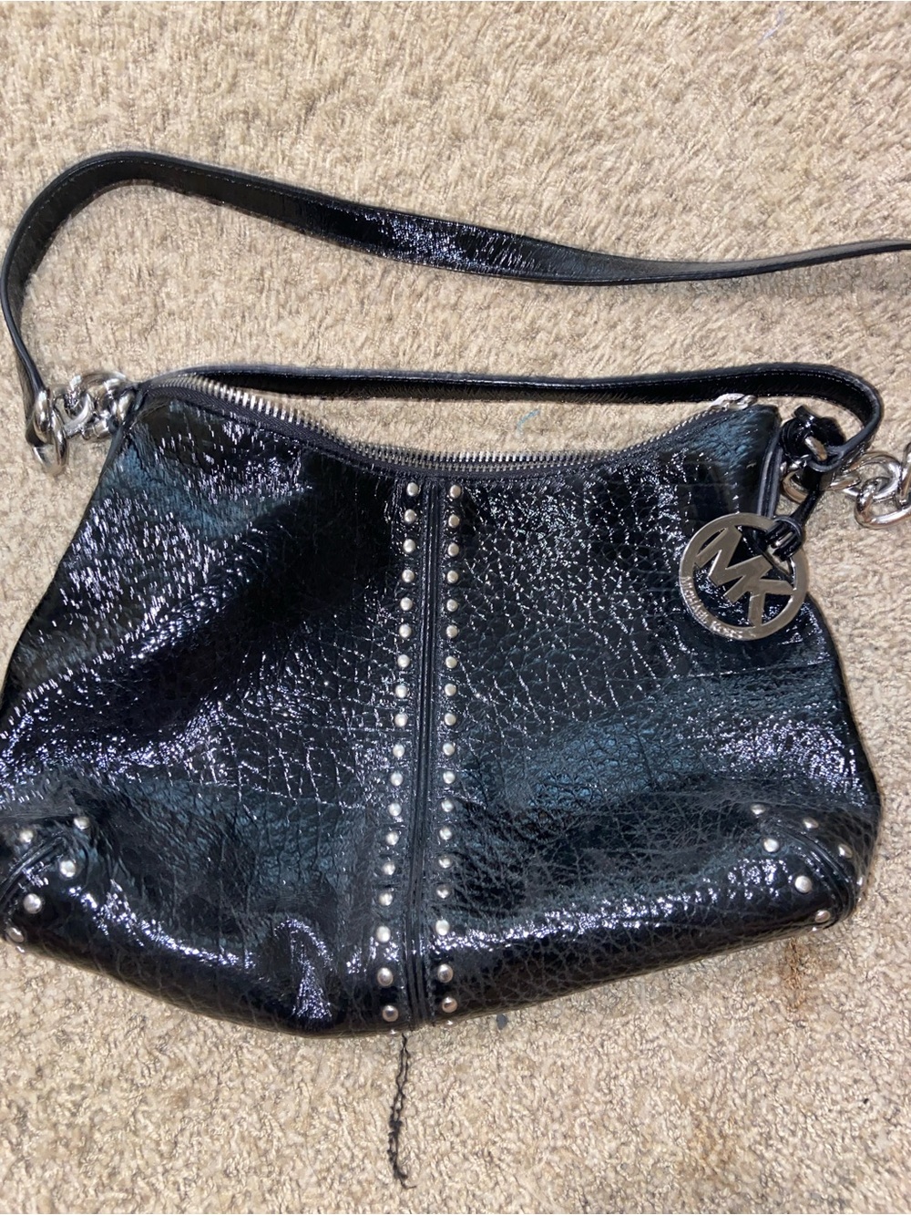 Michael Kors Black Patent Leather Shoulder Bag with Silver Studs